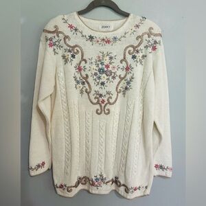 Vintage Jenny Cream Embroidered Floral Knit Sweater Size Medium Grandmacore